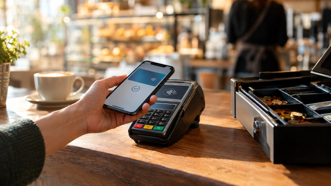Mobiles Bezahlen am Kartenterminal Hand hält Smartphone an ein Kartenterminal an einer Café-Kasse im warmen Tageslicht.