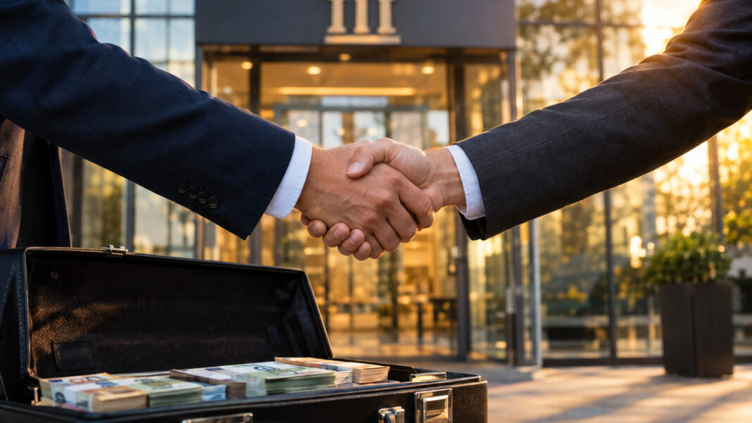 Handschlag vor einer Bankfiliale neben offenem Aktenkoffer mit Geldscheinen im Licht