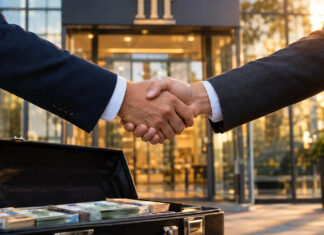 Handschlag vor einer Bankfiliale neben offenem Aktenkoffer mit Geldscheinen im Licht