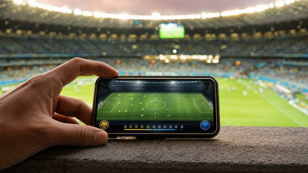 Intelligente WM App Smartphone auf einer Stadionbrüstung mit Fußball-App vor einem beleuchteten Stadion