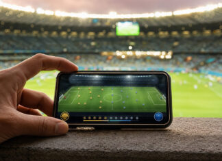Smartphone auf einer Stadionbrüstung mit Fußball-App vor einem beleuchteten Stadion