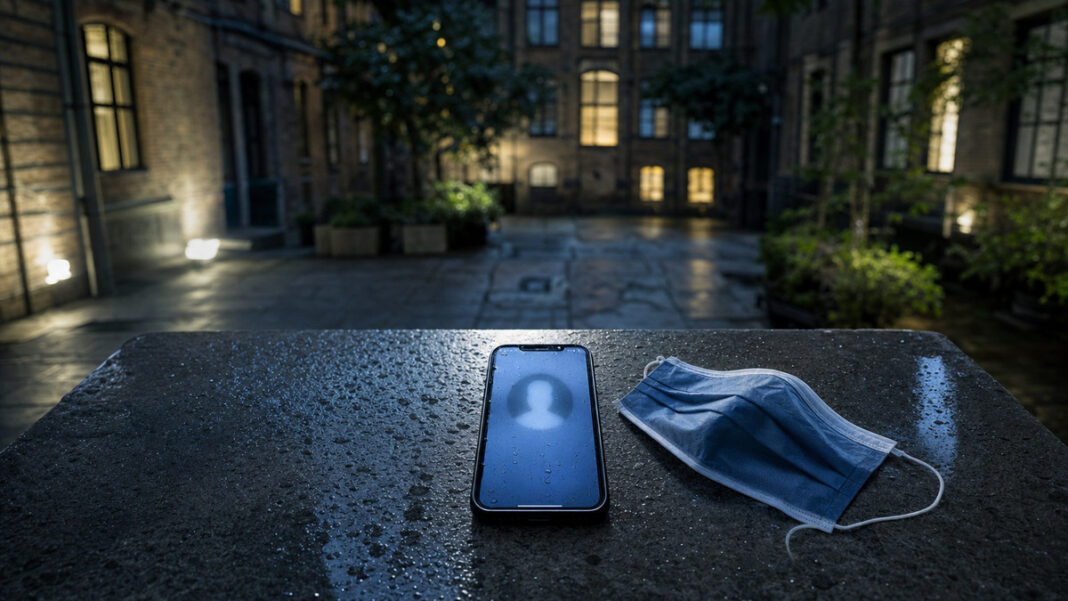 Cybermobbing Auskunftsanspruch Anonymes Smartphone auf nasser Steinbank vor Berliner Hausfassade, daneben eine Maske im kühlen Licht