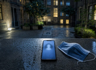 Anonymes Smartphone auf nasser Steinbank vor Berliner Hausfassade, daneben eine Maske im kühlen Licht