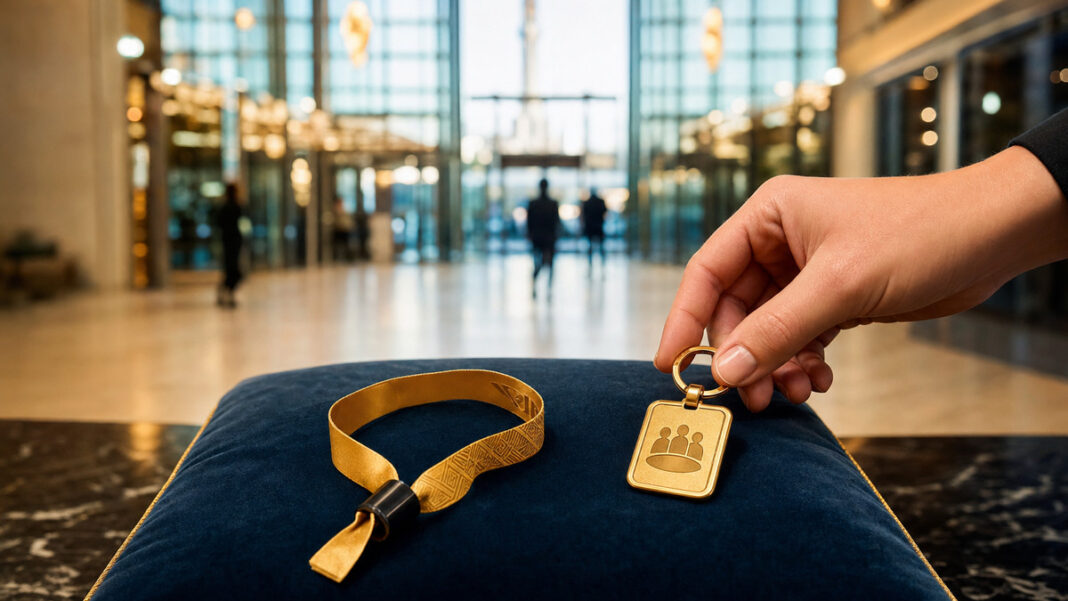VIP-Bändchen auf Samtkissen vor einer hellen Eventhalle in Berlin