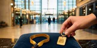 VIP-Bändchen auf Samtkissen vor einer hellen Eventhalle in Berlin
