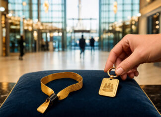 VIP-Bändchen auf Samtkissen vor einer hellen Eventhalle in Berlin