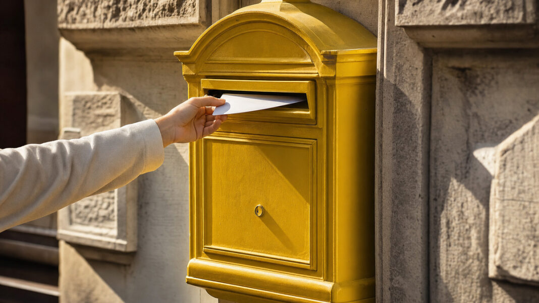 Postwurfsendung: Brief im gelben Briefkasten Eine Hand wirft einen einzelnen Brief in einen gelben Briefkasten an einer sonnigen Altbaufassade