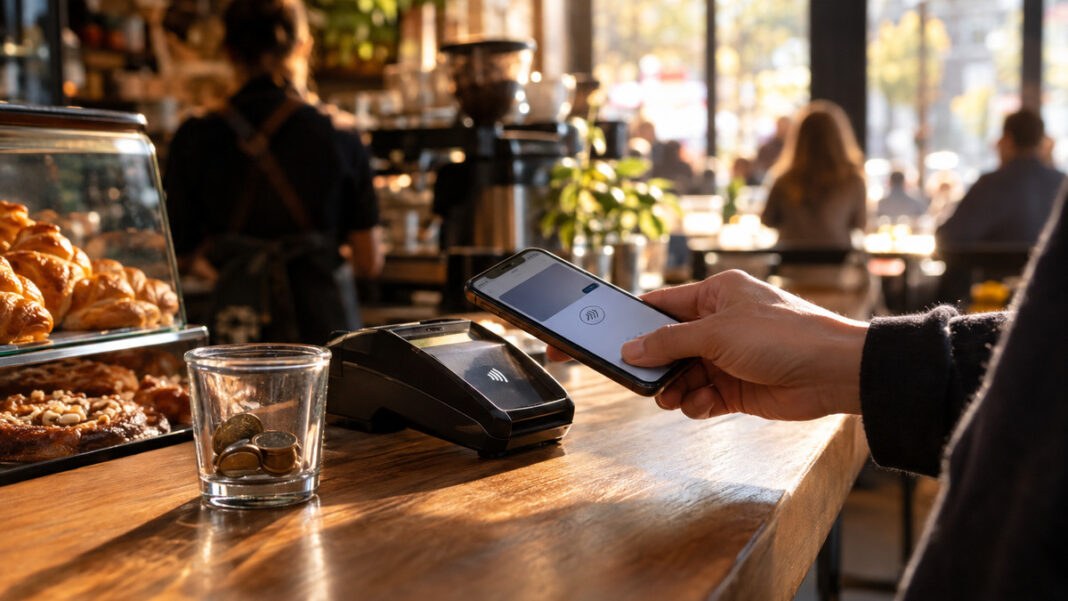 Mobiles Bezahlen im Café Hand mit Smartphone am kontaktlosen Terminal am Café-Tresen, warmes Tageslicht