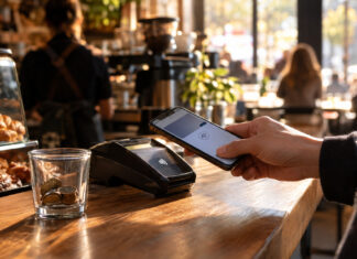 Hand mit Smartphone am kontaktlosen Terminal am Café-Tresen, warmes Tageslicht