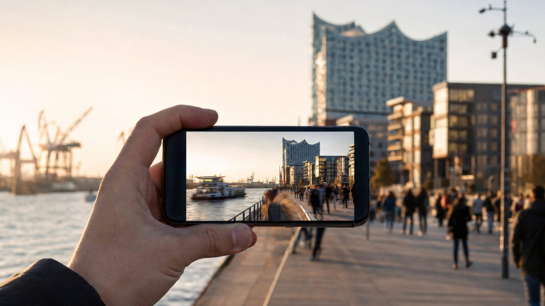 Instagram Hyperlapse in Hamburg Hand hält Smartphone mit Zeitraffer einer Hamburger Uferpromenade im Morgenlicht