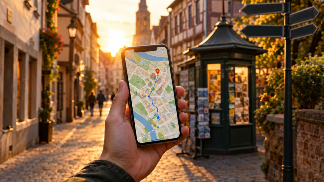 Audioguide auf Stadtgasse Hand mit Smartphone vor Altstadtgasse, daneben Wegweiser und Kartenkiosk im warmen Abendlicht