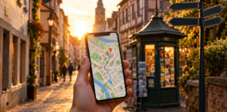 Hand mit Smartphone vor Altstadtgasse, daneben Wegweiser und Kartenkiosk im warmen Abendlicht