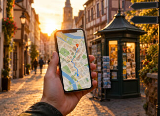 Hand mit Smartphone vor Altstadtgasse, daneben Wegweiser und Kartenkiosk im warmen Abendlicht