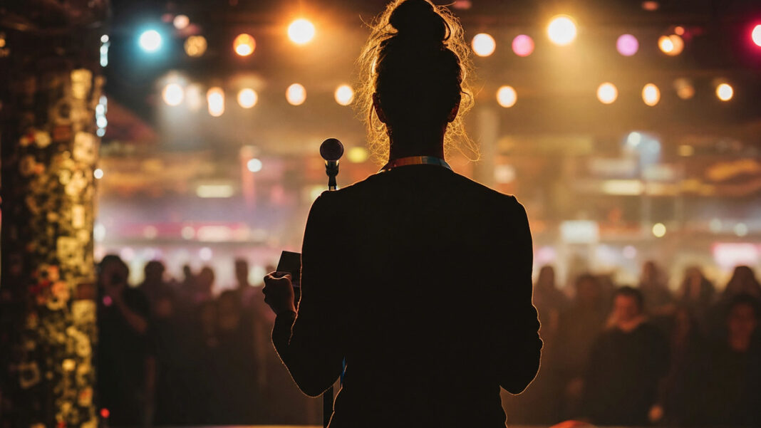 Mikrofon auf einer Festivalbühne, davor eine Person mit Pitch-Unterlagen als Silhouette