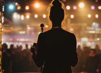 Mikrofon auf einer Festivalbühne, davor eine Person mit Pitch-Unterlagen als Silhouette