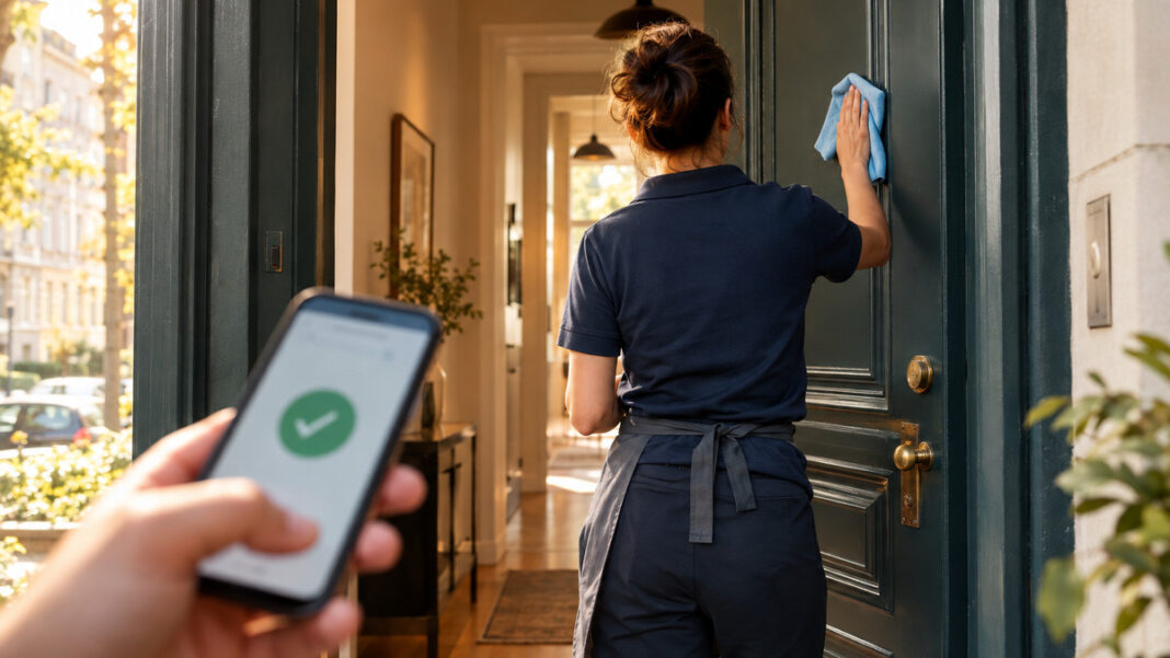 Reinigungskraft wischt eine Wohnungstür, daneben bestätigt eine Hand am Handy die Vermittlung