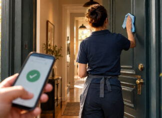 Reinigungskraft wischt eine Wohnungstür, daneben bestätigt eine Hand am Handy die Vermittlung