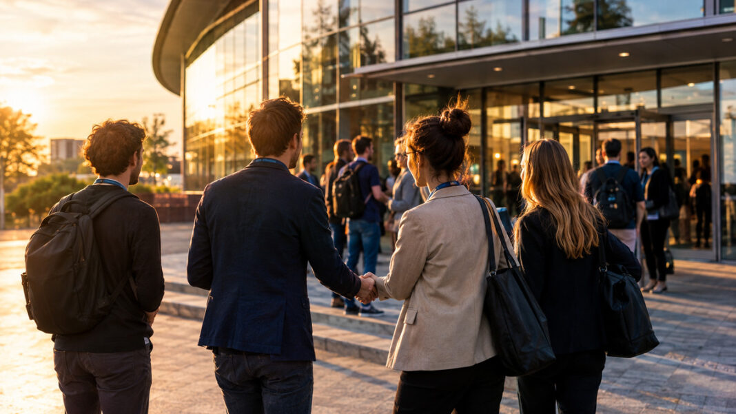 StartupCon im Forum Leverkusen Gründer begrüßen sich vor dem Eingang des Forums Leverkusen im warmen Nachmittagslicht.