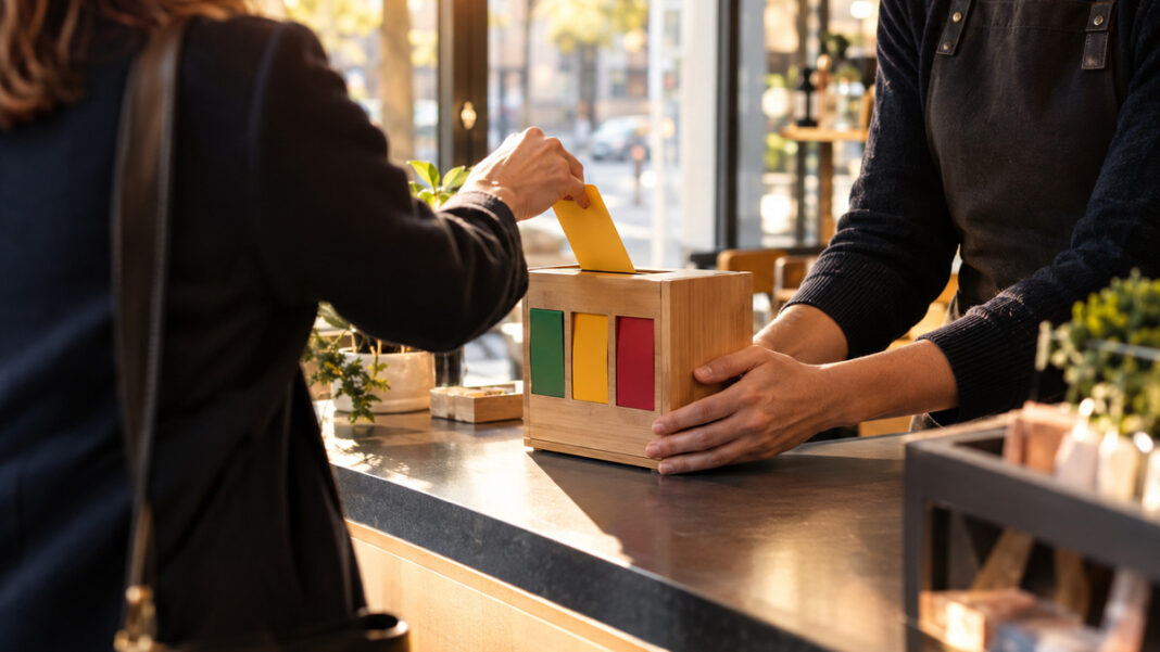 Kundens Feedback am Tresen Hand am Tresen mit Feedback-Kasten, eine Person wirft von hinten eine Karte ein