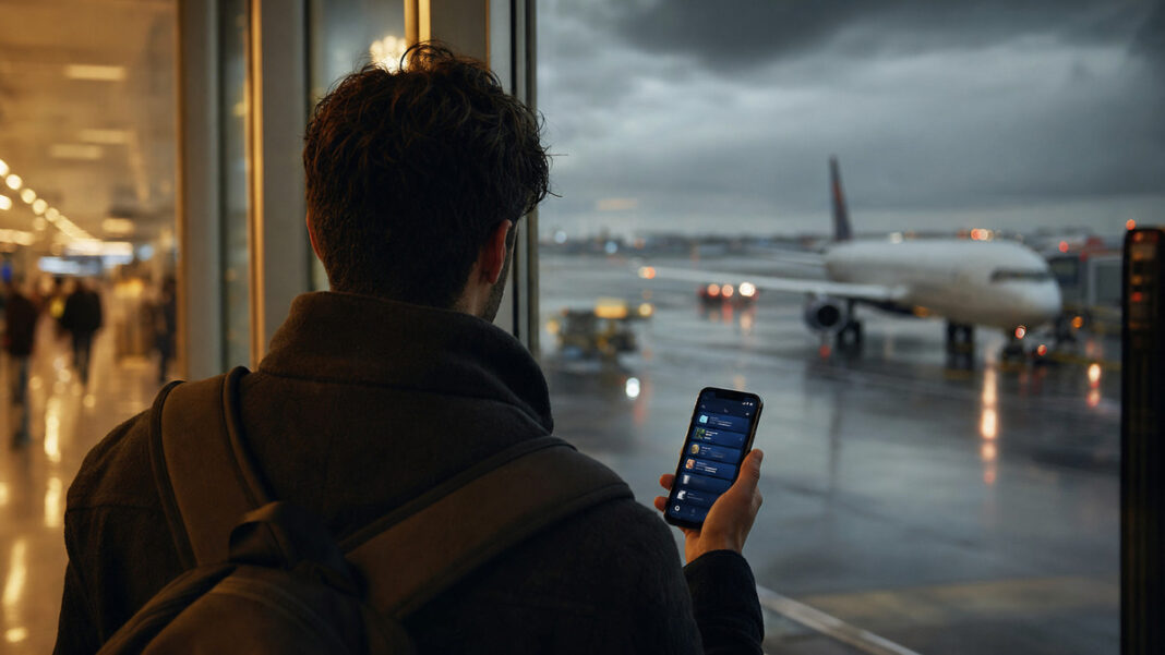Fluggastrechte per App Reisender mit Smartphone am Terminalfenster, draußen steht ein Flugzeug im Regen und grauen Himmel.