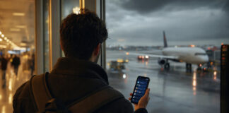 Reisender mit Smartphone am Terminalfenster, draußen steht ein Flugzeug im Regen und grauen Himmel.