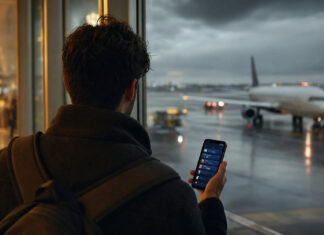 Reisender mit Smartphone am Terminalfenster, draußen steht ein Flugzeug im Regen und grauen Himmel.