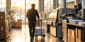 Gründer schiebt in einer Versandhalle Briefstapel zum Frankierbereich