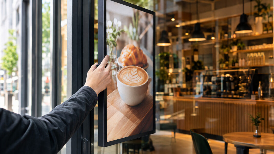 Digital Signage am Laden Hand montiert ein Digital-Signage-Display an der Glasfront eines Cafés