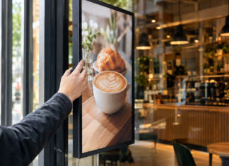 Hand montiert ein Digital-Signage-Display an der Glasfront eines Cafés