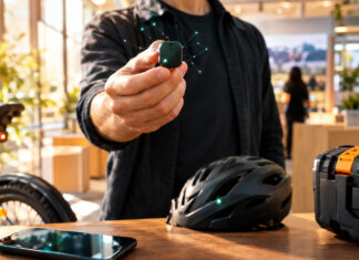 Hand hält einen vernetzten Sensor-Tracker vor Smartphone, Fahrrad und Werkzeugkoffer im warmen Tageslicht.