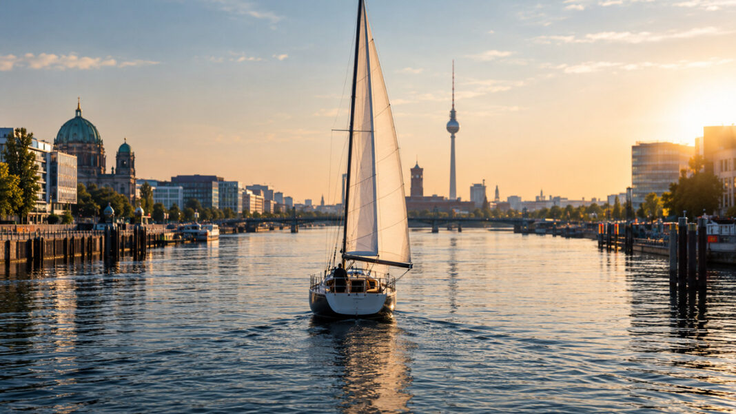 Segelboot auf ruhigem Wasser in einer Hafenrinne, das Segel voll im Wind