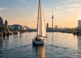 Segelboot auf ruhigem Wasser in einer Hafenrinne, das Segel voll im Wind