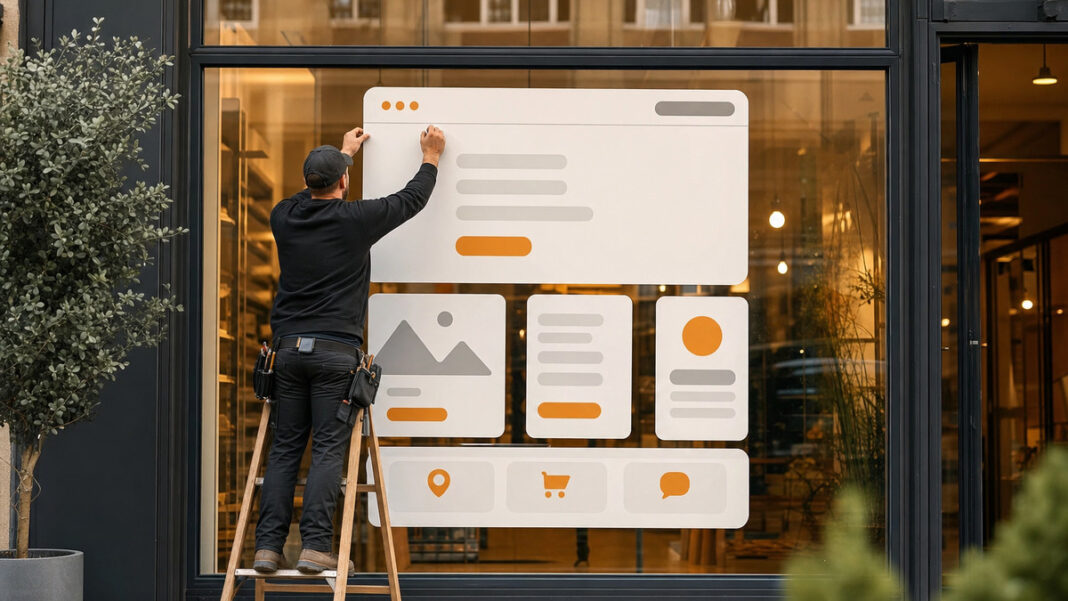 Webseitenoptimierung an der Ladenfront Handwerker montiert Website-Elemente an einer Ladenfront im Tageslicht.