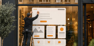 Handwerker montiert Website-Elemente an einer Ladenfront im Tageslicht.