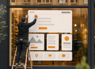 Handwerker montiert Website-Elemente an einer Ladenfront im Tageslicht.