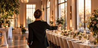 Eventplanerin zeigt in einer festlich vorbereiteten Location auf Tische und Stühle im warmen Tageslicht.
