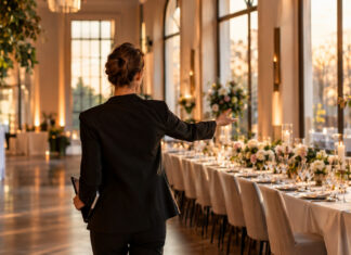 Eventplanerin zeigt in einer festlich vorbereiteten Location auf Tische und Stühle im warmen Tageslicht.
