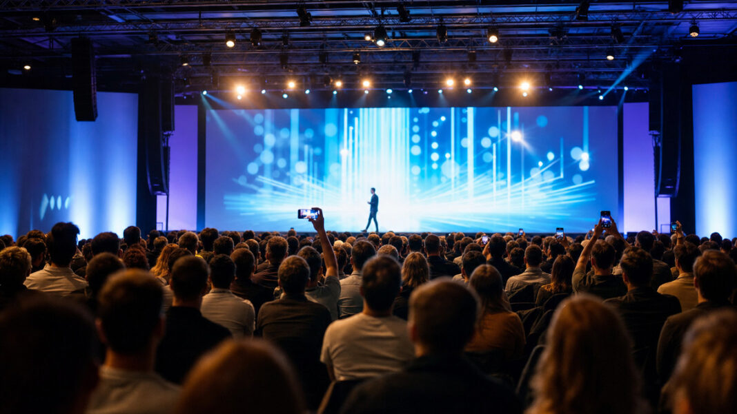 BITKOM Trendkongress Bühne und Livestream Große Kongressbühne mit Publikum von hinten und Livestream-Szene unter Bühnenlicht