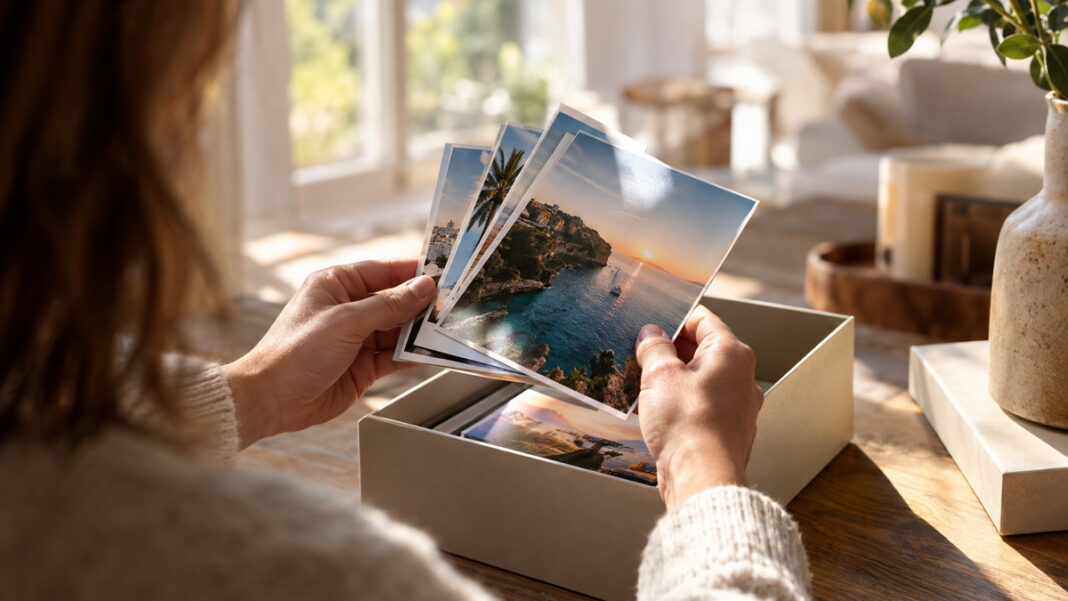 Hände legen hochwertige Fotodrucke in eine edle Box bei natürlichem Fensterlicht