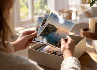 picsta macht Instagram-Fotos noch schöner Hände legen hochwertige Fotodrucke in eine edle Box bei natürlichem Fensterlicht