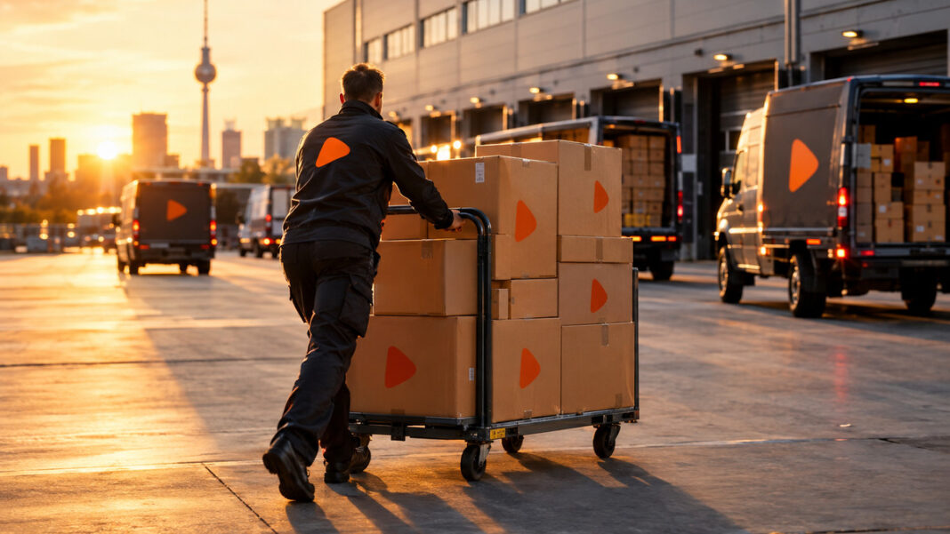 Zalando profitabel auf Kurs Kurierfahrer mit Zalando-Transportboxen vor einem Logistikzentrum bei Abendlicht