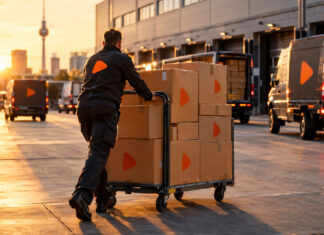 Kurierfahrer mit Zalando-Transportboxen vor einem Logistikzentrum bei Abendlicht