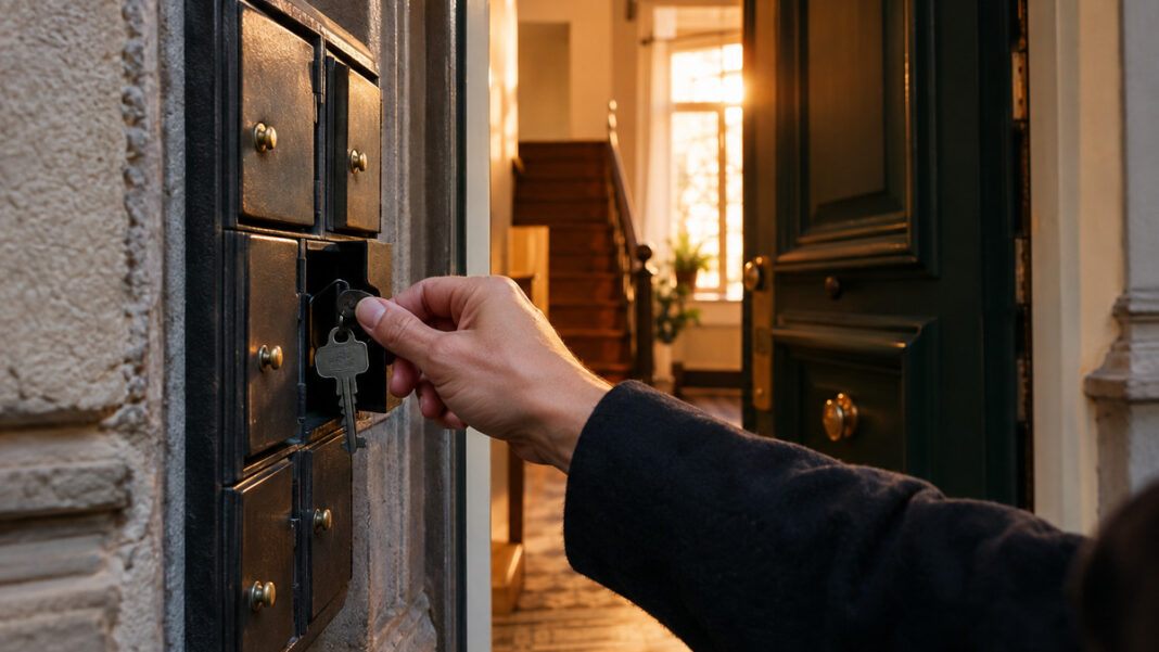 Schluessel am Maklerkasten Hand nimmt Schlüssel aus Makler-Schlüsselkasten an einer Altbau-Haustür im Abendlicht