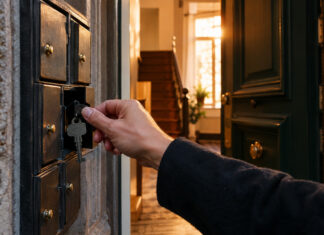 Hand nimmt Schlüssel aus Makler-Schlüsselkasten an einer Altbau-Haustür im Abendlicht