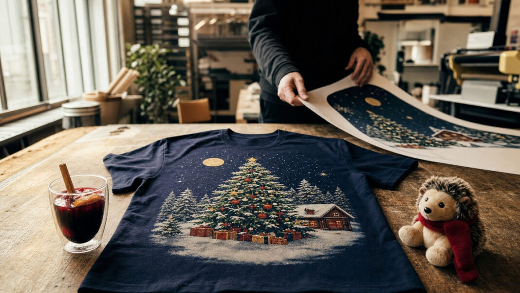 Spreadshirt Weihnachtsdruck Weihnachtlich bedrucktes T-Shirt, Glühweinbecher und Plüschelch in einer Druckwerkstatt