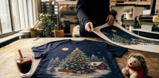 Weihnachtlich bedrucktes T-Shirt, Glühweinbecher und Plüschelch in einer Druckwerkstatt