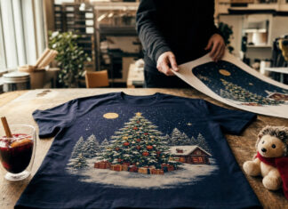 Weihnachtlich bedrucktes T-Shirt, Glühweinbecher und Plüschelch in einer Druckwerkstatt