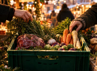 myTime.de: Weihnachtsmenüs auf einen Klick Hände packen Wintergemüse und Kräuter in eine Einkaufskiste auf dem Markt.