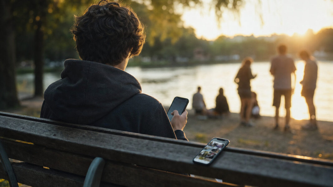 Jugendliche am Seeufer mit Smartphones im warmen Abendlicht
