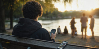 Jugendliche am Seeufer mit Smartphones im warmen Abendlicht